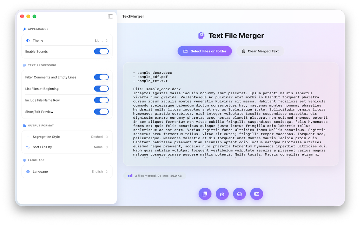 TextMerger app interface